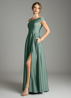 Azazie Melanie 신부 들러리 드레스 A라인 오프 더 숄더 스트레치 새틴 바닥 길이 드레스 image4