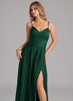 Azazie Vini Bridesmaid Dresses Dark Green A-Line Pleated Stretch Satin Dress image2