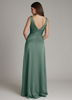 Azazie Pauline Bridesmaid Dresses Eucalyptus A-Line Pleated Stretch Satin Dress image2