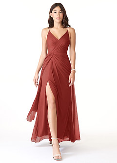 Azazie Evalin Bridesmaid Dresses Terracotta A-Line V-Neck Pleated Mesh Dress image1