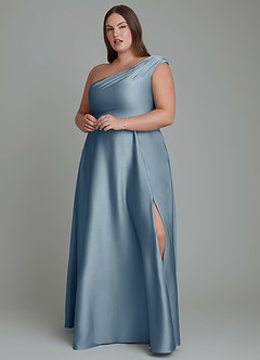 Azazie Melanie Bridesmaid Dresses Dusty Blue A-Line Off the Shoulder Stretch Satin Dress image7