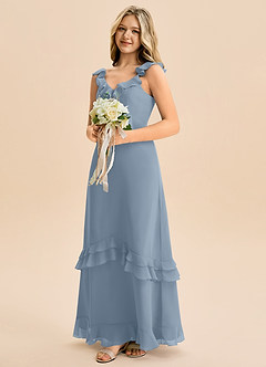 Azazie Tavie Junior Dusty Blue A-Line Ruched Chiffon Dress image4
