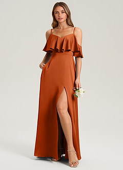 Azazie Jean Vestidos de damas de honor Vestido de Naranja Quemada de Satén Elástico de Corte en A con Vestidos sin tirantes image3