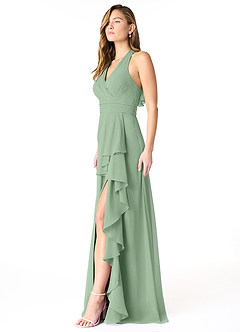 Azazie Aviv Vestidos de damas de honor Vestido de Matcha de Gasa de Corte en A con Plisado image3