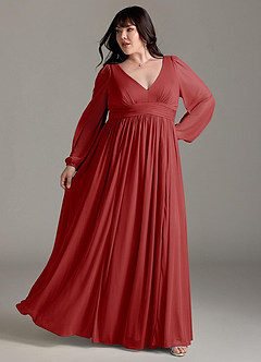 Azazie Norah Bridesmaid Dresses Rust A-Line V-Neck Long Sleeve Chiffon Dress image8