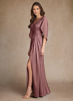 Azazie Hera Mother of the Bride Dresses Vintage Mauve A-Line Lace Stretch Satin Dress image2