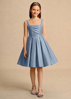 Azazie Jello Jurken voor bloemenmeisjes Baljurk Jurk van Mat Satijn Geplooid Stoffig Blauw image1