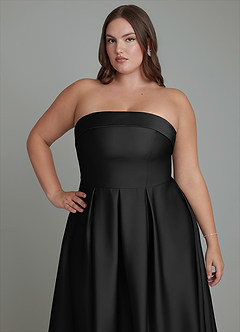 Azazie Lucienne At-home Try On Dresses Black A-Line Strapless Stretch Satin Convertible Dress image13