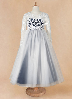 Azazie Elodie Flower Girl Dresses Ivory Dark Navy Ball-Gown Lace Dress image10