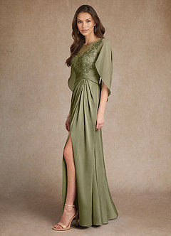 Azazie Hera Mother of the Bride Dresses Pistachio A-Line Lace Stretch Satin Dress image2