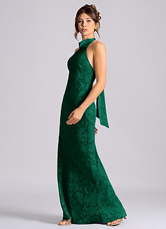 Azazie Velli Vestidos de damas de honor Vestido de Esmeralda de Devorado Floral de Corte Sirena con Cuello Alto image3