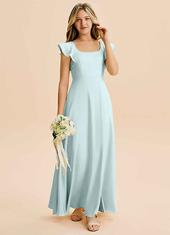 Azazie Bondi Junior Vestido Vidro Marinho de Cetim elástico de Linha A com Fenda Lateral image4