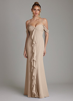 Azazie Karmela Bridesmaid Dresses Taupe A-Line Off the Shoulder Chiffon Dress image1
