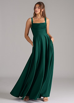 Azazie Shaude Bridesmaid Dresses Emerald A-Line Pleated Stretch Satin Dress image3