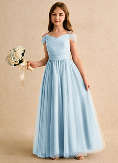 Azazie Yuna Girls Formal Abiti da Ragazza di Fiori Abito A-Line in Tulle a Spalla Scoperta Azzurro image5