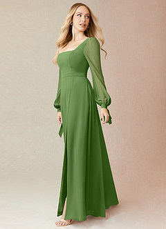 Azazie Leonia Bridesmaid Dresses Basil A-Line Long Sleeve Chiffon Dress image4
