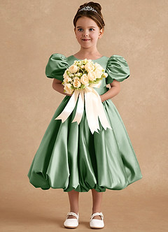 Azazie Jellybean vestidos de niña de las flores Vestido de Matcha de Satin Mate de Corte Princesa con Volante image3