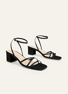 front Sandálias de salto bloco com tiras cruzadas de cetim fosco combinando