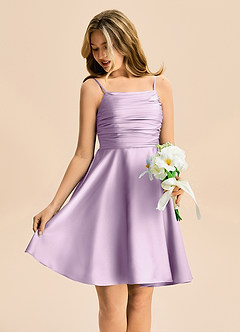 Azazie Miko Junior A-linja Pliseerattu Joustava satiini Mini Nuorempi morsiusneito Pukeutua image4