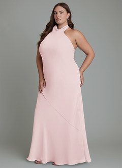 Azazie Velli Vestidos de damas de honor Vestido Rosa Rubor de Gasa de Corte Sirena con Cuello alto image12