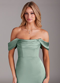 Azazie Saige Bridesmaid Dresses Agave Sheath Off the Shoulder Stretch Satin Dress image7