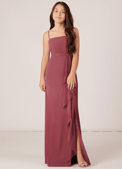 Azazie Kaylee Junior Robe Trapèze en Mousseline de soie avec ceinture Merlot image1