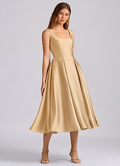 Azazie Amalie 신부 들러리 드레스 A라인 주름진 스트레치 새틴 티 길이 드레스 image1