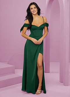 Barbie ♥ Azazie Brautjungfernkleider A-Linie Schulterfrei Stretch-Satin Kleid Dunkelgrün image1