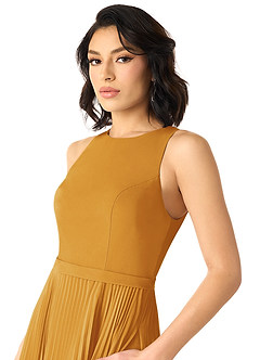 Azazie Lindie Bridesmaid Dresses Butterscotch A-Line Scoop Pleated Chiffon Dress image4