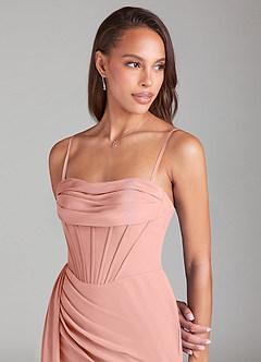 Azazie Amyra Bridesmaid Dresses Rosette Sheath Off the Shoulder Chiffon Convertible Dress image2