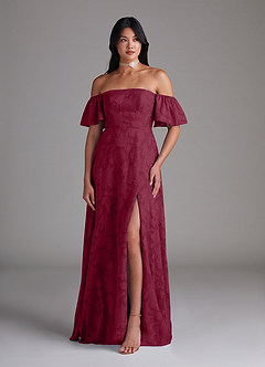 Azazie Sue Robes de demoiselle d'honneur Robe Trapèze Convertible en Blumen-Burnout Épaule décolletée Bourgogne image5