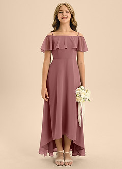 Azazie Maggie Junior Desert Rose A-Line Off the Shoulder Chiffon Dress image1