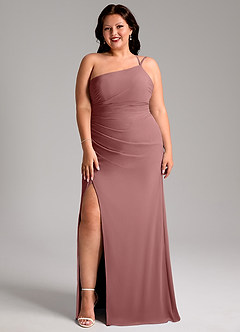 Azazie Eren Vestidos de damas de honor Vestido de Rosa Del Desierto de Gasa de Corte Recto con Hombro unilateral image10