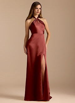 Azazie Tracie Bridesmaid Dresses Terracotta A-Line Pleated Metallic Satin Dress image5