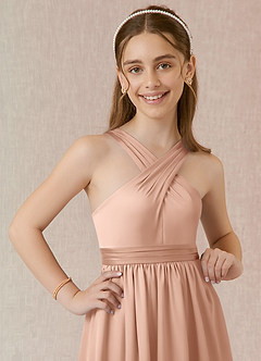 Azazie Jiya Junior Abito A-Line in Raso Elasticizzato Plissettato Oro Rosa image4