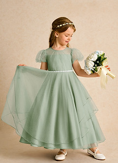 Azazie Duckie Abiti da Ragazza di Fiori Abito Principessa in Tulle Plissettato Verde Salvia image3
