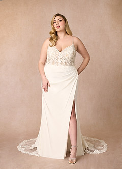 Azazie Rosalina Wedding Dresses Diamond White Sand Mermaid V-Neck lace Crepe Back Satin Dress image7
