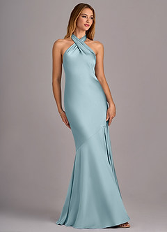 Azazie Lorena Bridesmaid Dresses Moody Blue Mermaid Pleated Stretch Satin Dress image3