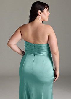 Azazie Yola Bridesmaid Dresses Aqua Sheath V-Neck Pleated Stretch Satin Convertible Dress image15