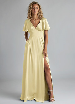 Azazie Kimber Bridesmaid Dresses Lemon Sorbet A-Line Ruched Stretch Satin Dress image1