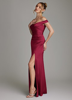 Azazie Teyana Bridesmaid Dresses Burgundy Sheath Off the Shoulder Stretch Satin Dress image6