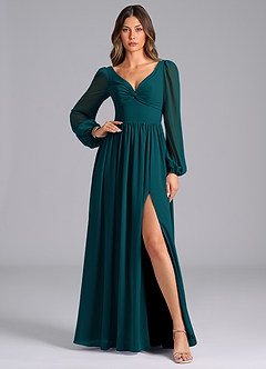 Azazie Teri Bridesmaid Dresses Pine A-Line Long Sleeve Chiffon Dress image1