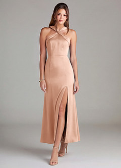 Azazie Rue Bridesmaid Dresses Rose Gold Mermaid Pleated Stretch Satin Dress image3