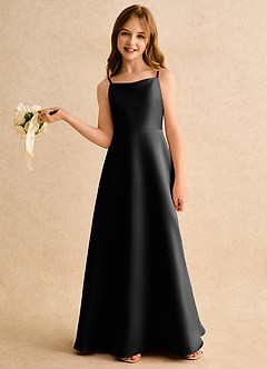 Azazie Joella Girls Formal Flower Girl Dresses Black A-Line Pleated Matte Satin Dress image2