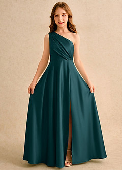 Azazie Puddles Girls Formal Robe Demoiselle D'honneur Fillette Robe Trapèze en Satin extensible Une épaule Vert Pin image5