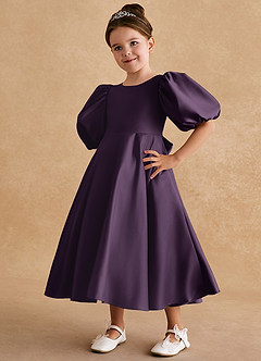 Azazie Sugarplum Robe Demoiselle D'honneur Fillette Robe Trapèze en Mat Satiné avec manches Prune image4