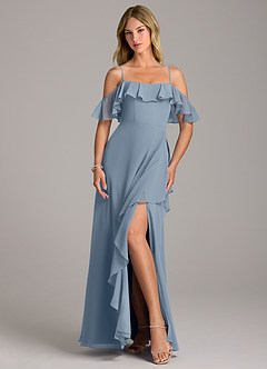 Azazie Aubrie Bridesmaid Dresses Dusty Blue A-Line Off the Shoulder Chiffon Dress image4