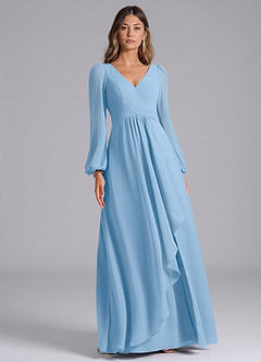 Azazie Liah Bridesmaid Dresses Powder Blue A-Line Long Sleeve Chiffon Dress image3