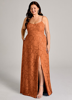 Azazie Moira Bridesmaid Dresses Burnt Orange A-Line Side Slit Floral Burnout Dress image10