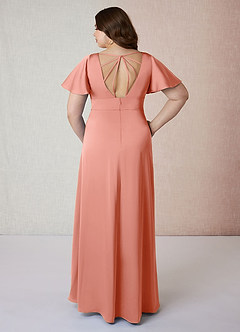 Azazie Lani Bridesmaid Dresses Coral A-Line Flounce Sleeve Stretch Satin Dress image8